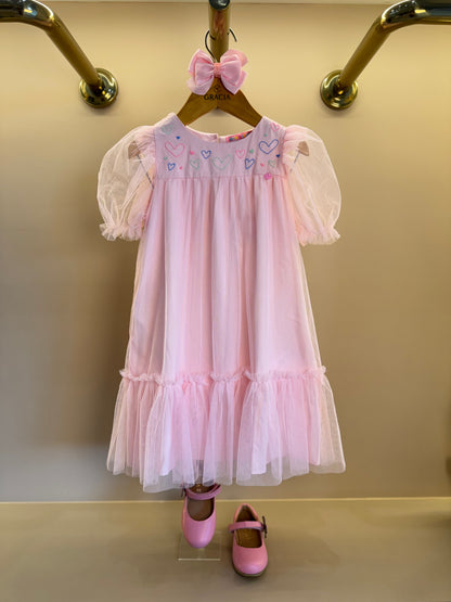 Vestido Infantil Trapézio Busto Bordado Corações Rosa - Mon Sucré