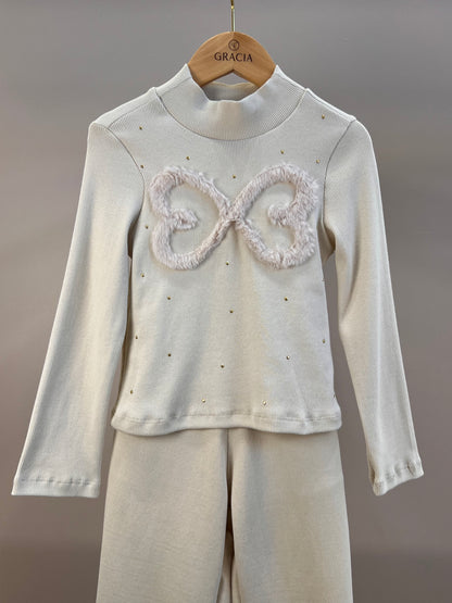 Conjunto Infantil Blusa ML Infinito e Calça Jogger Malha Canelada Bege - Luluzinha