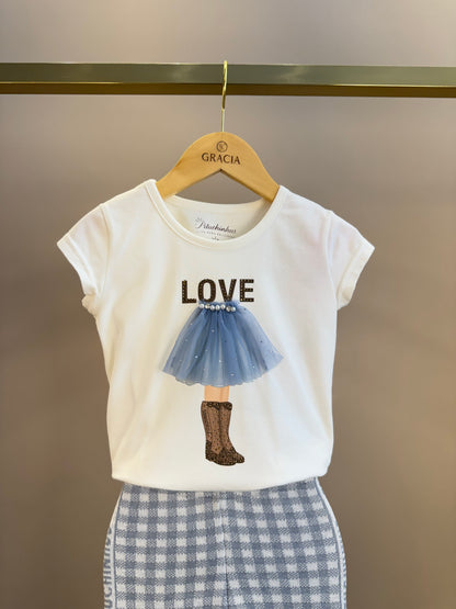 Conjunto Infantil Blusa Off White Love Tule e Legging Tricot Xadrez Azul - Pituchinhus