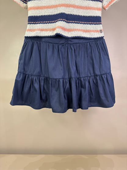 Conjunto Teen Blusa Polo Malha Tricot listrada e Saia-shorts Tricoline Marinho - Two In