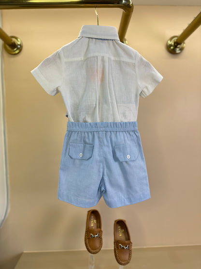Conjunto Bebê Batizado Camisa-body e Bermuda Linho Misto Azul Claro - Um Mais Um