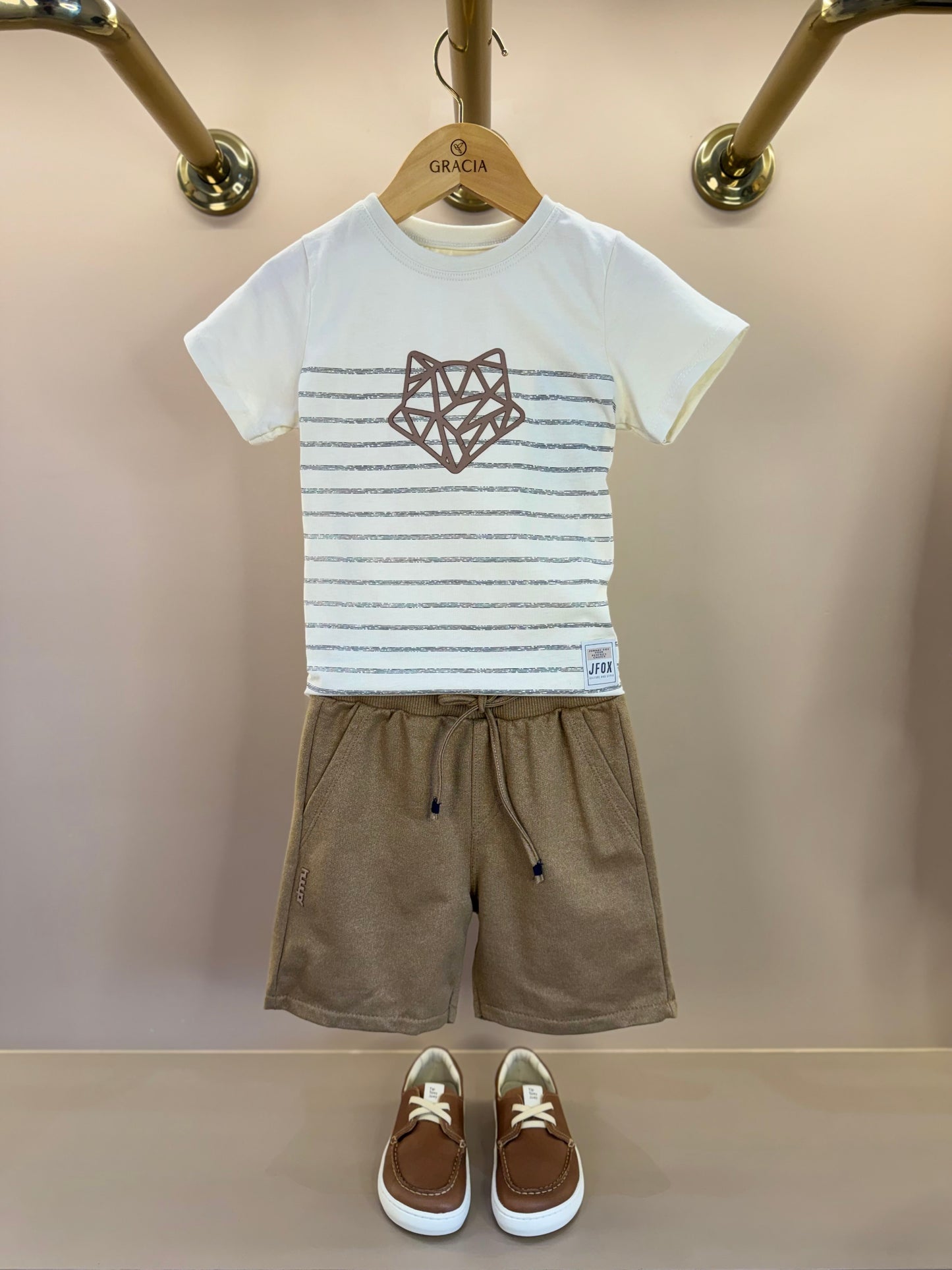 Conjunto Infantil Camiseta Algodão Listrada e Bermuda Moletom Bege - Little Johnny