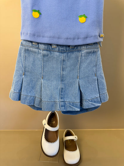 Conjunto Infantil Regata Lilás Estampa Limões e Shorts Saia Jeans Com Pregas - Momi