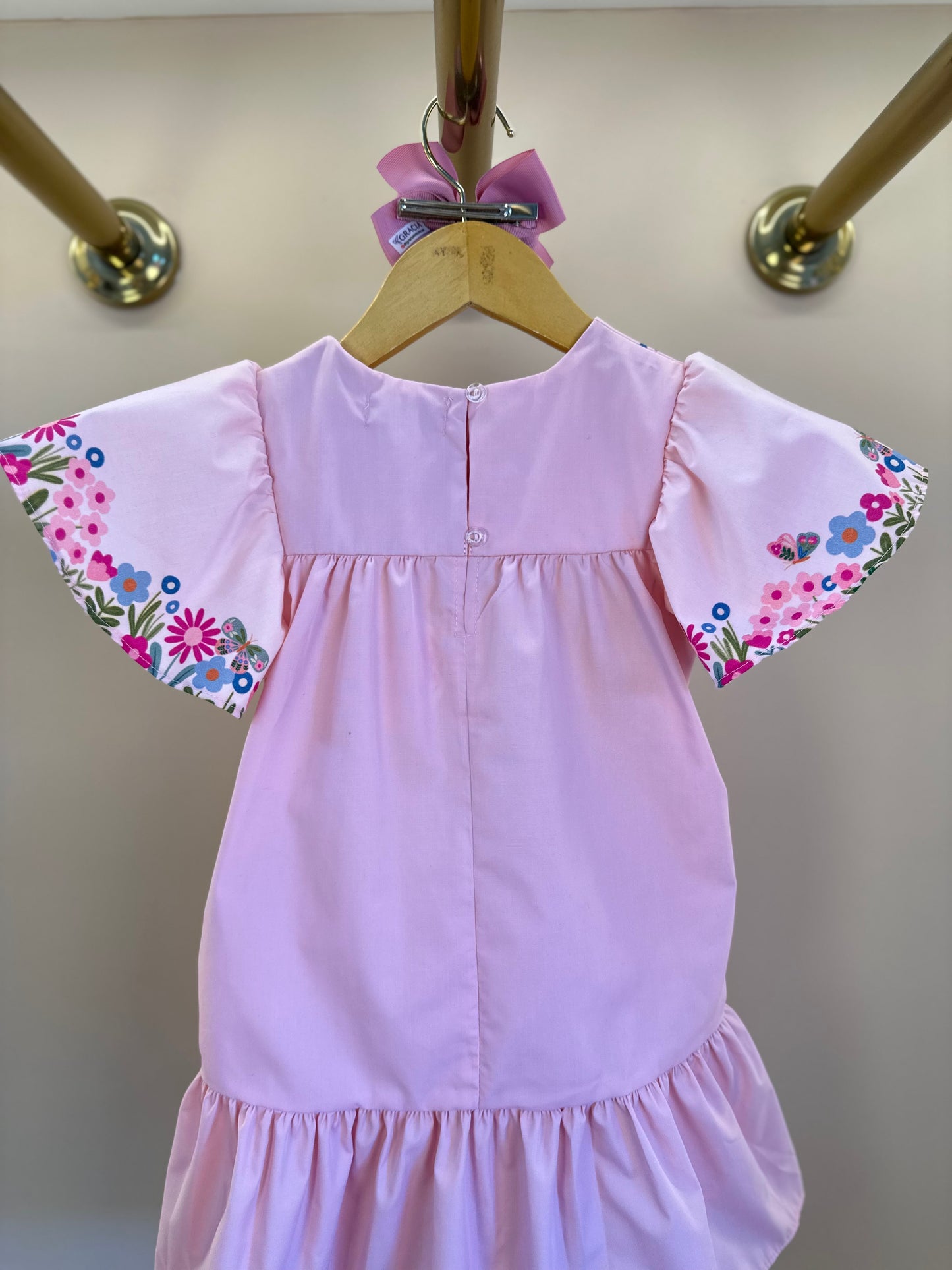 Vestido Infantil Trapézio Flores e Babado Rosa - Mon Sucré