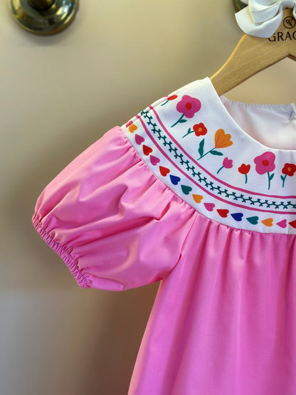 Vestido Infantil Algodão Rosas e Corações na Gola - Mon Sucre