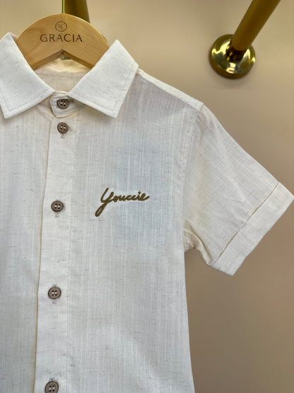 Conjunto Infantil Camisa Manga Curta e Bermuda Off White - Youccie