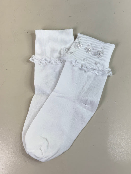 Meia Infantil Bordada Pérolas & Rendinha Branca - Roana