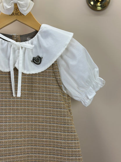Vestido Infantil Manga Curta Tweed Xadrez Bege - Animê Petite