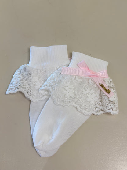 Meia Infantil Clássica Renda Lacinho Rosa Claro - Roana