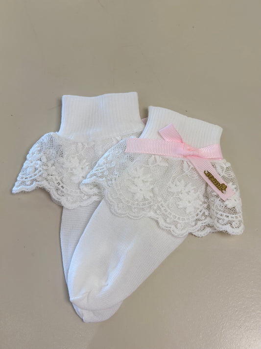 Meia Infantil Clássica Renda Lacinho Rosa Claro - Roana