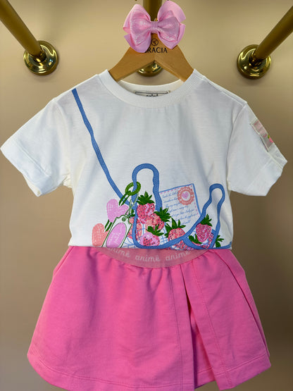 Conjunto Infantil T - Shirt Estampa Strawberry e Shorts Saia Rosa - Animê