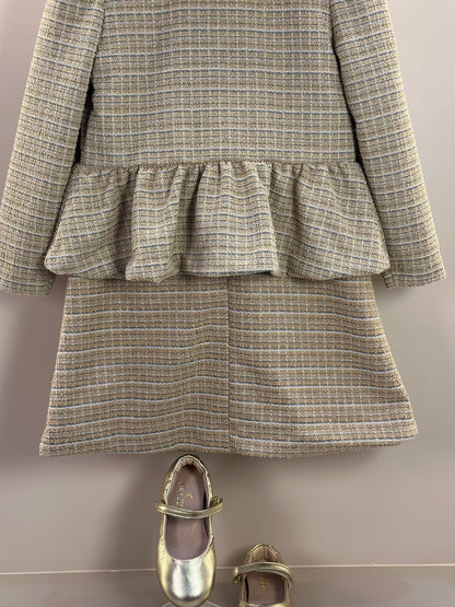 Vestido Infantil Manga Curta Tweed Xadrez Bege - Animê Petite