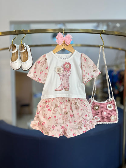 Conjunto Infantil Blusa Flores Crochê e Shorts Flores & Ursinhas - Pituchinhus