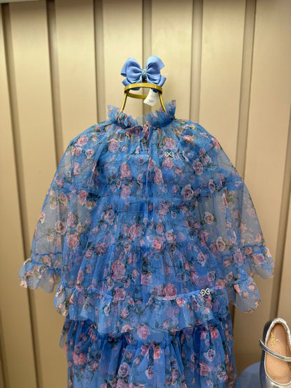 Vestido Infantil Midi Tule Floral Azul Babados - Luluzinha
