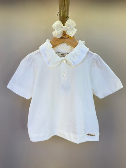 Salopete Infantil Sarja Bege com Camisa Gola Rendada Off White - Animê Petite