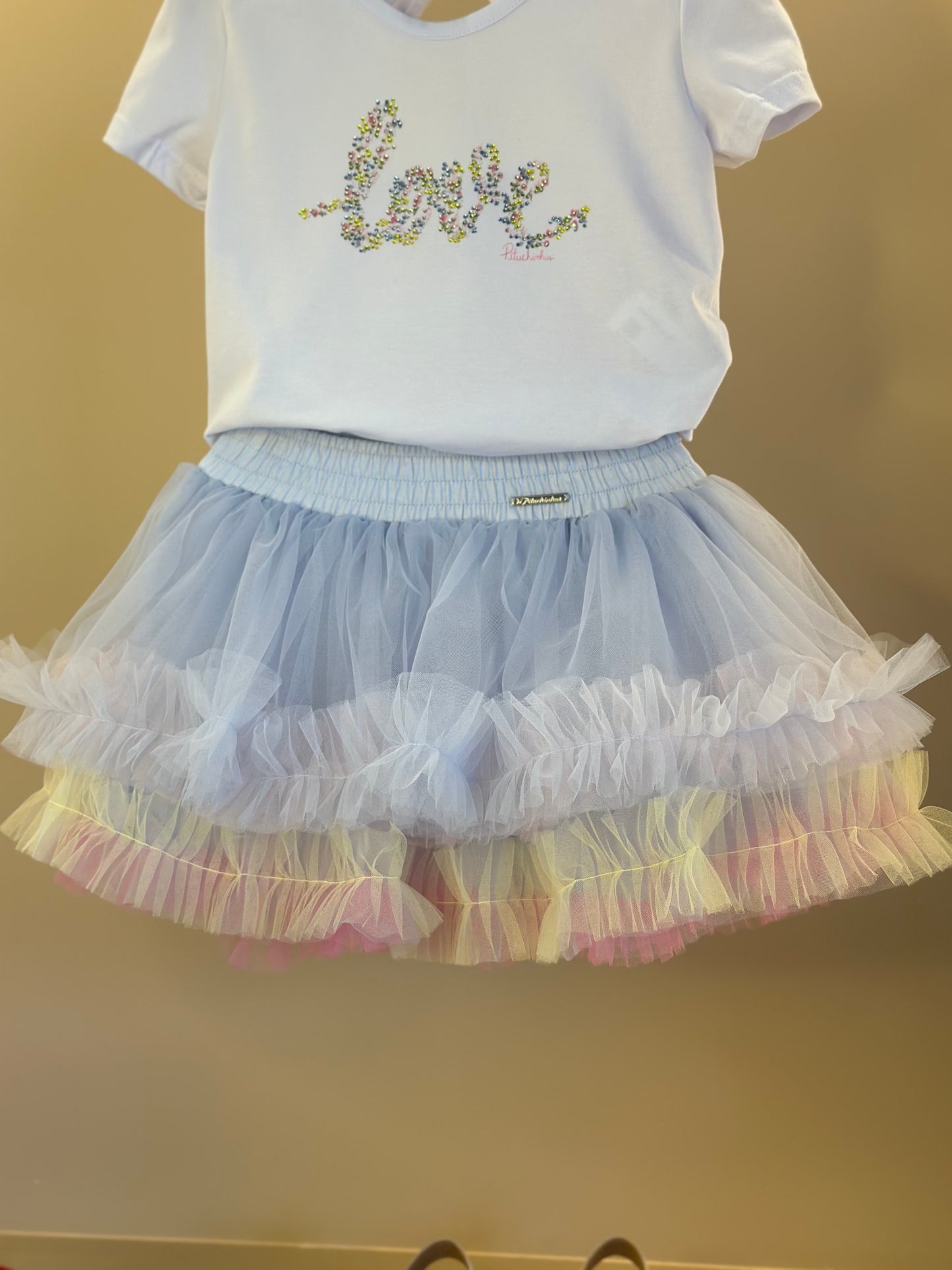 Conjunto Infantil Blusa Algodão Love Floral Cristais e Saia-short Tule Babado Frufru Colorido - Pituchinhus