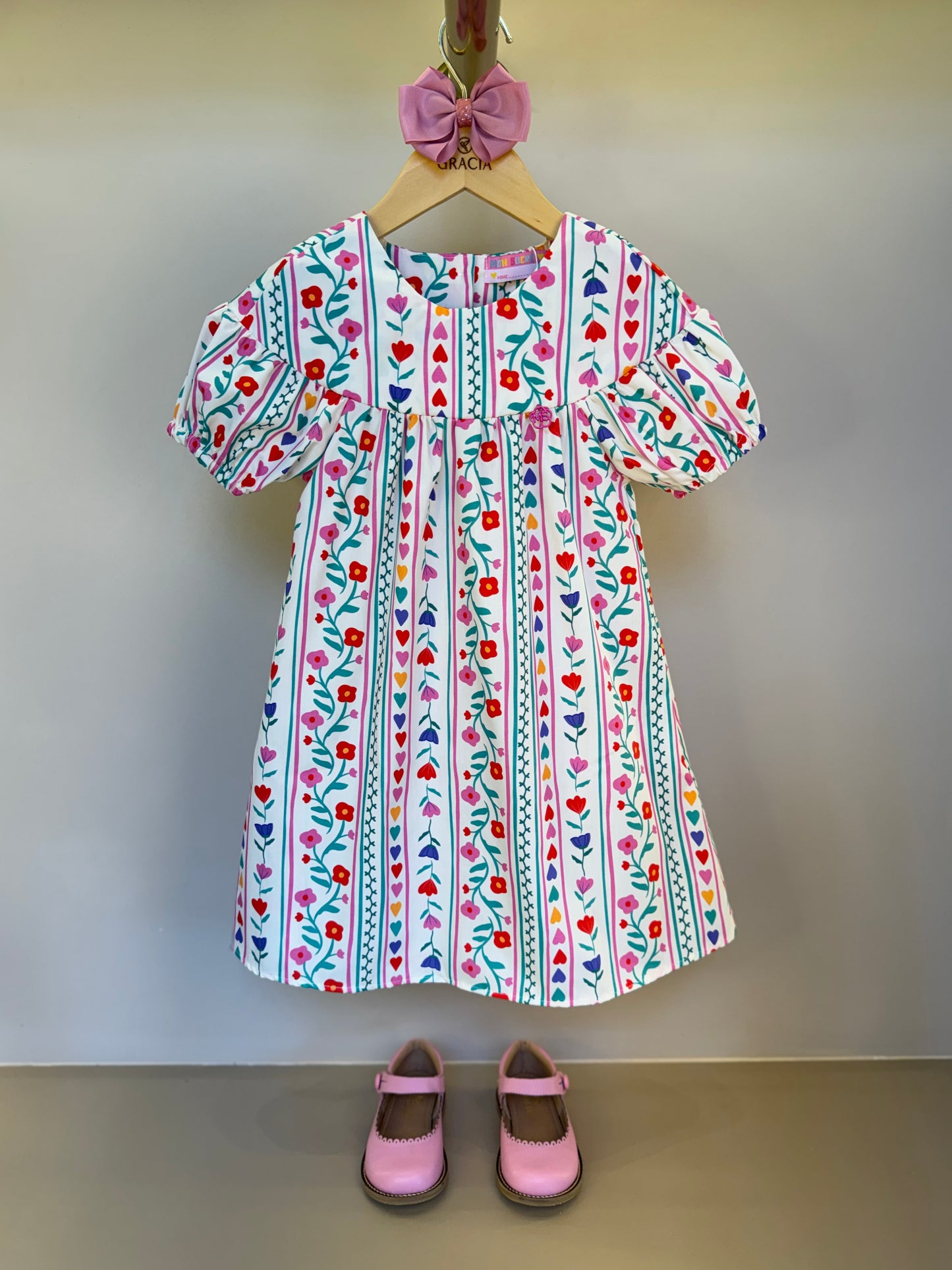 Vestido Infantil Trapézio Tricoline Flores e Corações - Mon Sucre