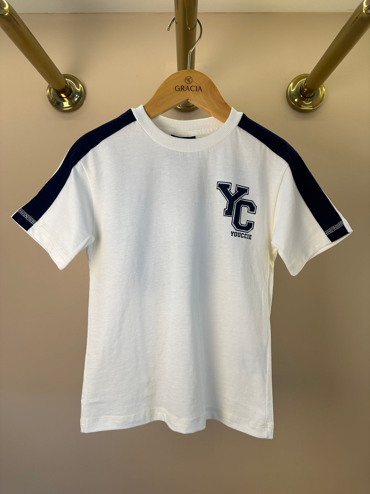 Camiseta Infantil MC Branca com Faixa Lateral Azul - Youccie