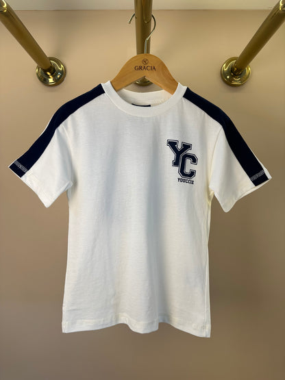 Camiseta Infantil MC Branca com Faixa Lateral Azul - Youccie