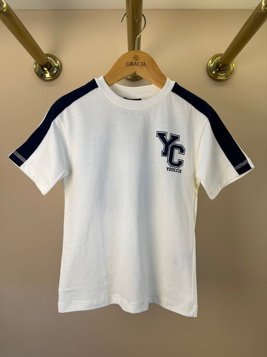 Camiseta Infantil MC Branca com Faixa Lateral Azul - Youccie