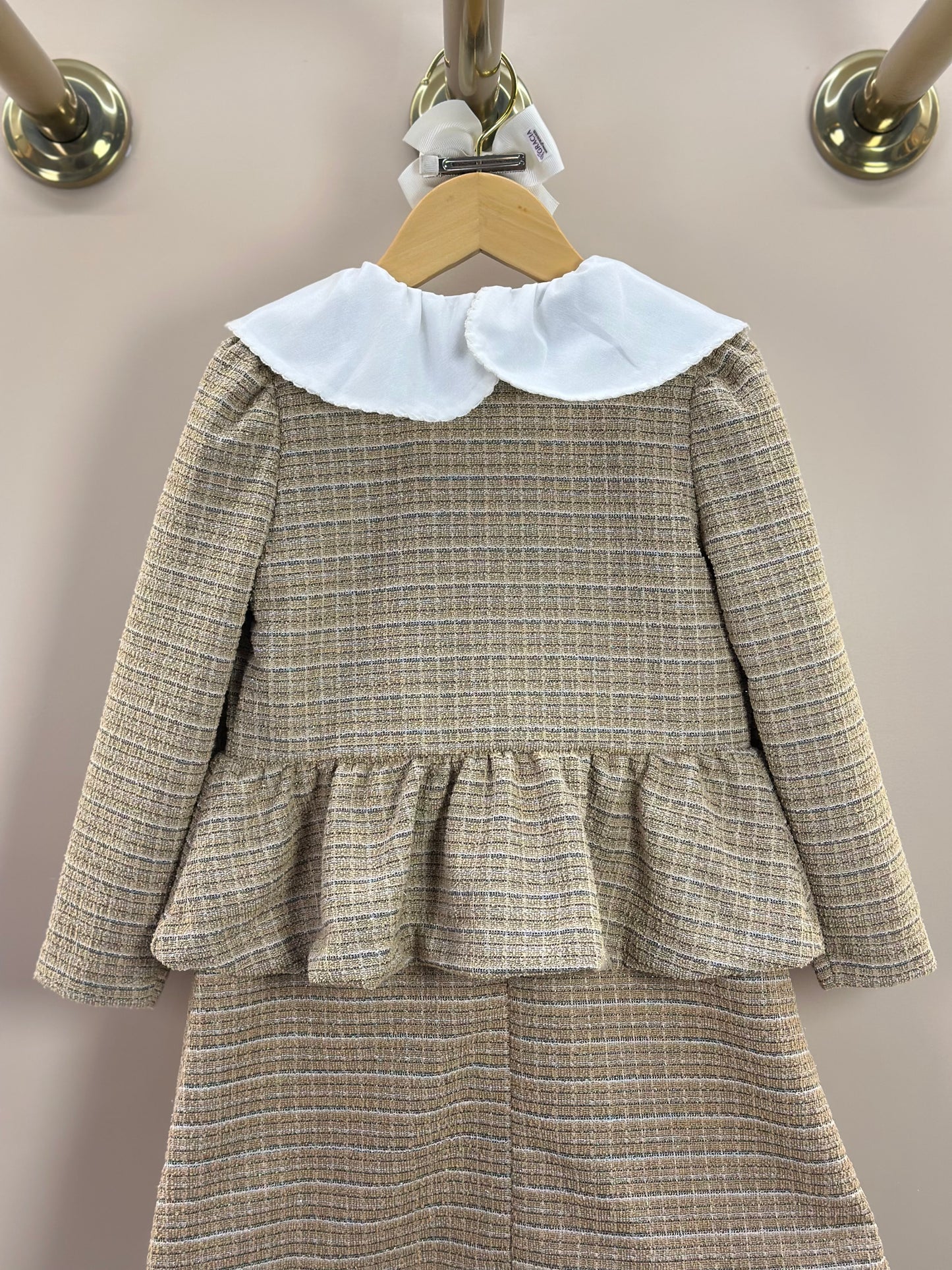 Vestido Infantil Manga Curta Tweed Xadrez Bege - Animê Petite