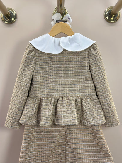 Vestido Infantil Manga Curta Tweed Xadrez Bege - Animê Petite