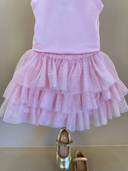 Conjunto Infantil Blusa Plaquinha Bordado Strass e Saia Rodada Camadas Tule Glitter Rosa - Luluzinha