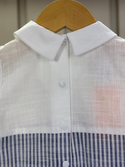 Romper Bebê Camisaria Algodão Cambraia e Fio Tinto Gola e Lapela Marinho - Um Mais Um