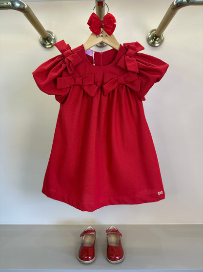 Vestido Infantil Linho Laços Vermelho - Luluzinha