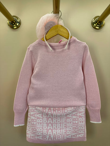 Conjunto Infantil Tricot Blusa Barbie Strass e Saia Jacquard Barbie Patches Sugar Rose - Pituchinhus