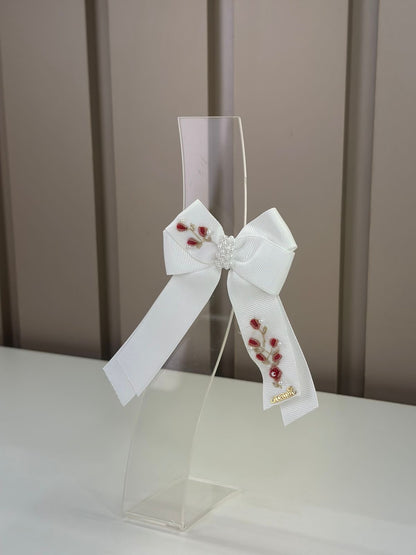 Laço Infantil Alongado Bordado Flores com Pérolas Branco - Roana