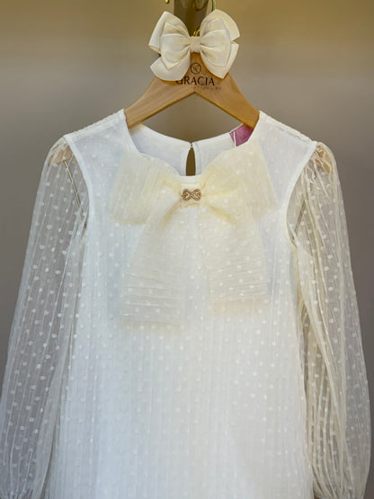 Vestido Infantil Trapézio Tule Plissado Aplicação Laço Off White - Luluzinha