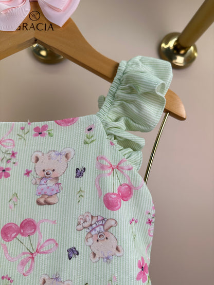 Conjunto Infantil Verde Estampado Blusa Babadinhos e Shorts Saia - Petit Cherie