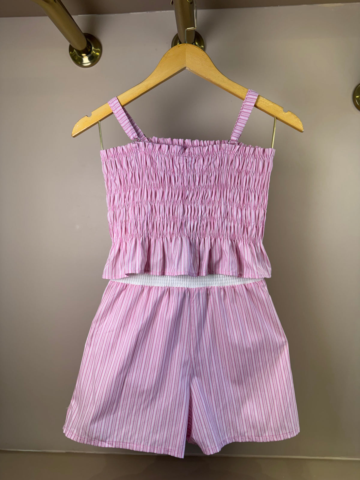 Conjunto Teen Blusa Cropped Franzido e Shorts Saia Rosa Listrado - Authoria