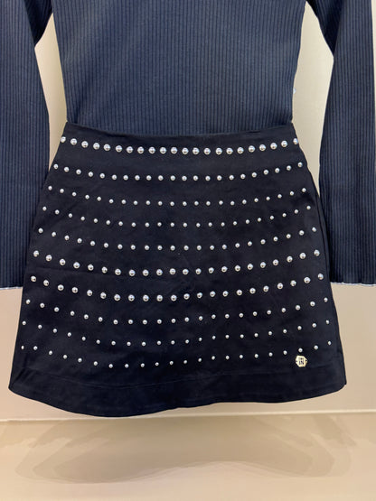 Conjunto Teen Blusa Canelada com Colete de Sarja Preto e Saia-Shorts Teen Sarja Strass Preto - Two In