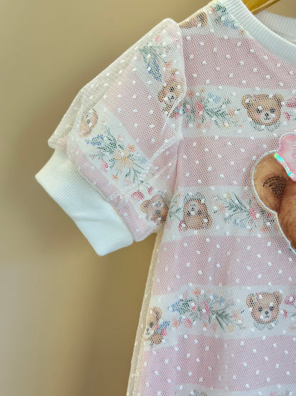 Vestido Infantil Trapézio Tule Poá Ursinha Bordado Lacinho Rosa - Petit Cherie