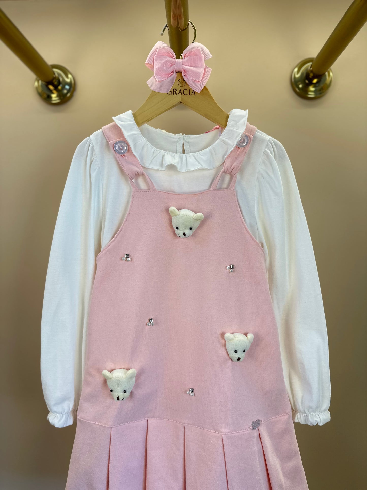 Salopete Infantil Rosa Ursinhos Com Blusa Golinha MC Off White - Gabriela Aquarela