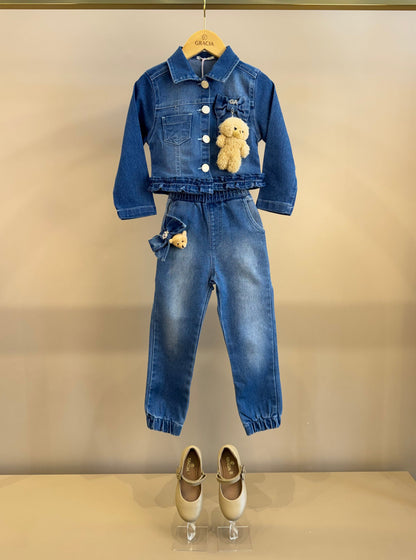 Conjunto Infantil Jaqueta Jeans Ursinho e Calça Jogger Jeans - Gabriela Aquarela