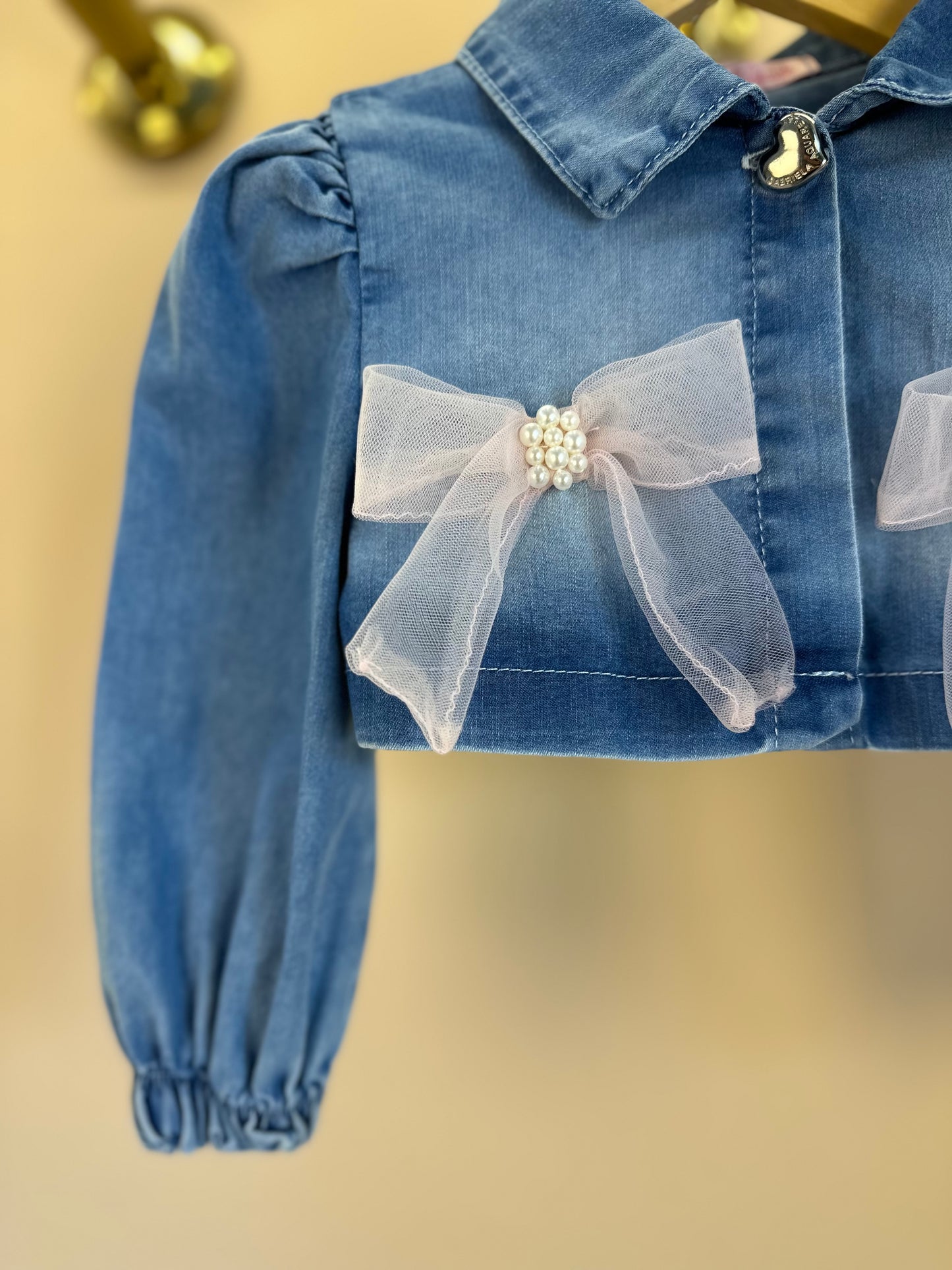 Vestido Infantil Tule Rosa Com Jaquetinha Jeans Laços - Gabriela Aquarela