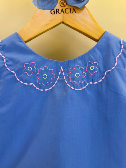Conjunto Infantil Blusa Bordada Tricoline e Shorts Azul - Mon Sucre