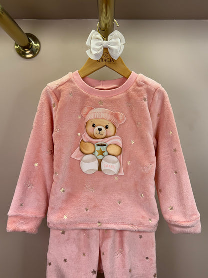 Pijama Infantil Blusão ML Ursinha e Calça Pelinho Foil Rosa Aloha - Infanti