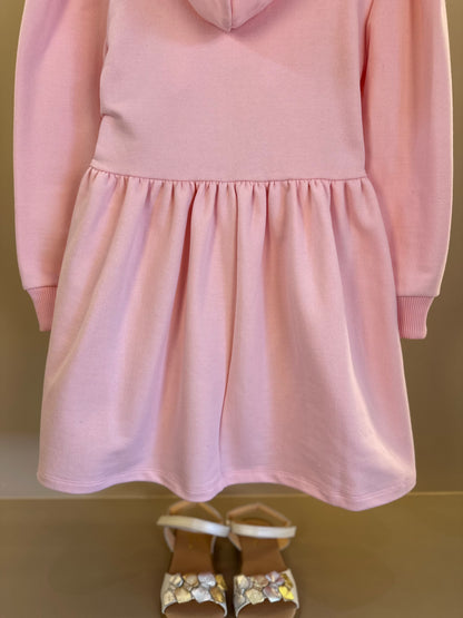 Vestido Infantil ML Moletom Rodado Capuz e Bordado Rosa - Luluzinha