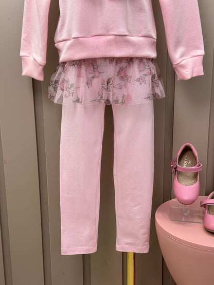 Conjunto Infantil Blusa Moletom Babado Tule Floral Glitter e Calça Legging Cotton Rosa - Luluzinha