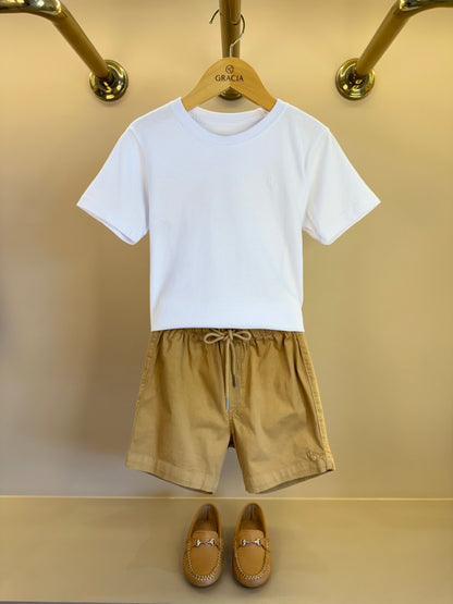 Conjunto Infantil Camiseta Branca e Shorts Bege - Dudes