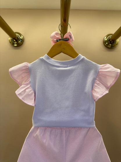 Conjunto Infantil Blusa Estampa Floral e Shorts Alfaiataria Listrado Rosa - Luluzinha