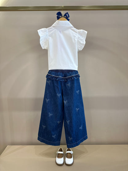 Conjuto Infantil Camisa Algodão Lacinhos Bordados e Calça Jeans - Pituchinhus