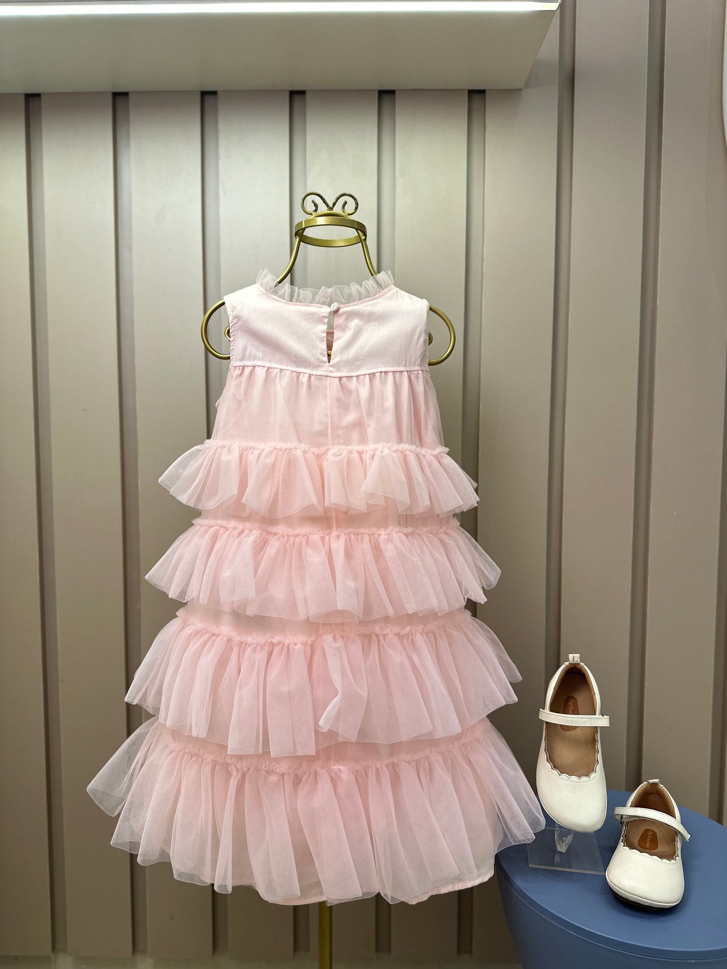 Vestido Infantil Tule Camadas Babados Laço Rosa Fada - Pituchinhus