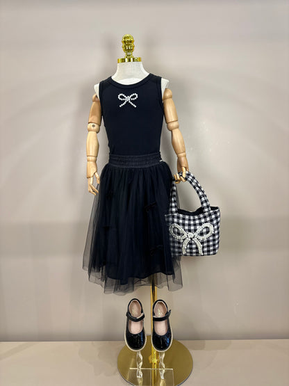 Conjunto Infantil Regata Lacinho Bordado e Saia-shorts Tule Lacinhos Veludo Preta - Pituchinhus