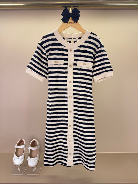 Vestido Teen Tricot Listrado com Botões - Two In