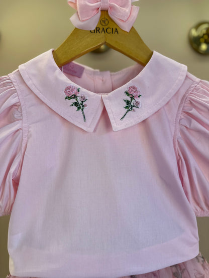 Conjunto Infantil Blusa Tricoline Golinha Patch Strass e Saia Rodada Tule Glitter Floral - Luluzinha PRÉ-VENDA